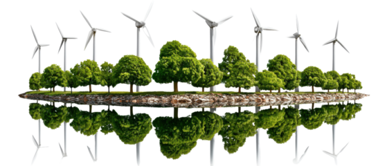 Green Energy Revolution: A harmonious landscape integrates verdant trees and the majestic presence of wind turbines, reflecting a commitment to clean energy and environmental sustainability.