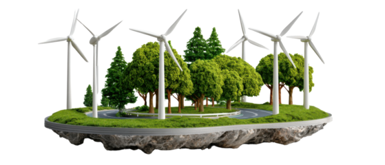 Renewable Energy Island: A vibrant island showcases renewable energy sources, featuring wind turbines nestled amidst lush trees and a grassy landscape, symbolizing sustainable power generation.