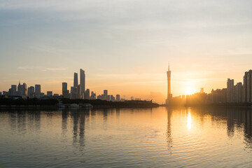 Naklejka premium Sunrise over the Guangzhou skyline, China