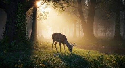 Gentle Deer Grazing In Morning Forest Mist