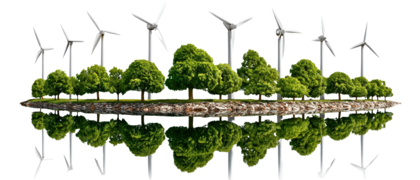 Green Energy Revolution: A harmonious landscape integrates verdant trees and the majestic presence of wind turbines, reflecting a commitment to clean energy and environmental sustainability.