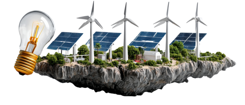 Sustainable Energy Island: A vibrant depiction of an island thriving on renewable energy sources – solar panels and wind turbines - all beneath the illuminating glow of an idea.