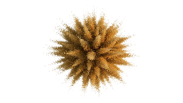 Explosion of golden powder isolated on transparent background, top view, studio shot