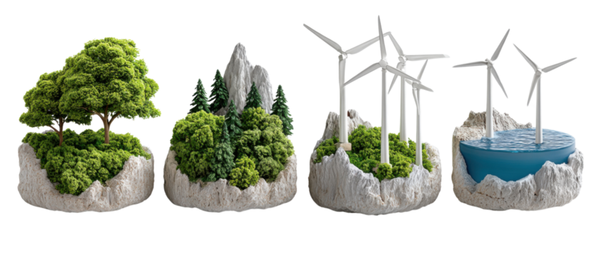 Miniature Eco-Landscape: A series of meticulously crafted miniature landscapes presents a captivating display, showcasing lush greenery, wind turbines and natural beauty.