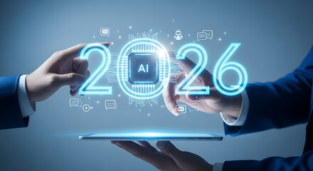 Artificial intelligence innovation in 2026 with digital technology, hands holding tablet and futuristic interface