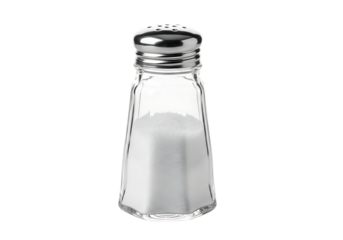 Classic glass salt shaker filled with white granules for seasoning