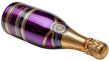 Luxury Champagne Bottle: A close-up shot of an exquisite champagne bottle, its vibrant purple hue enhanced by shimmering gold accents, captures the essence of luxury and celebration.
