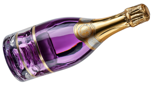 Purple Elegance: A luxurious, exquisitely crafted bottle, its captivating purple hue and shimmering gold accents exude an aura of refined celebration and unparalleled sophistication.