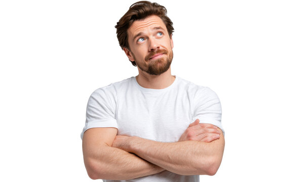 Contemplative Thought: A thoughtful individual gazes upward, arms crossed, lost in a sea of ideas, portraying a moment of deep introspection. - Powered by Adobe