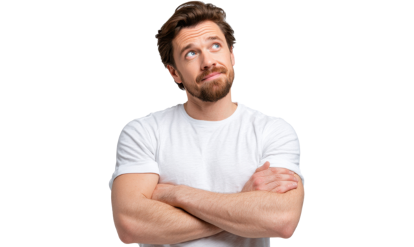 Contemplative Thought: A thoughtful individual gazes upward, arms crossed, lost in a sea of ideas, portraying a moment of deep introspection.