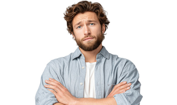 Puzzled Reflection: A man with a thoughtfully uncertain expression, eyes narrowed in contemplation. Cross arms against his chest and deep in thought.