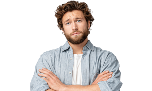 Puzzled Reflection: A man with a thoughtfully uncertain expression, eyes narrowed in contemplation. Cross arms against his chest and deep in thought. 