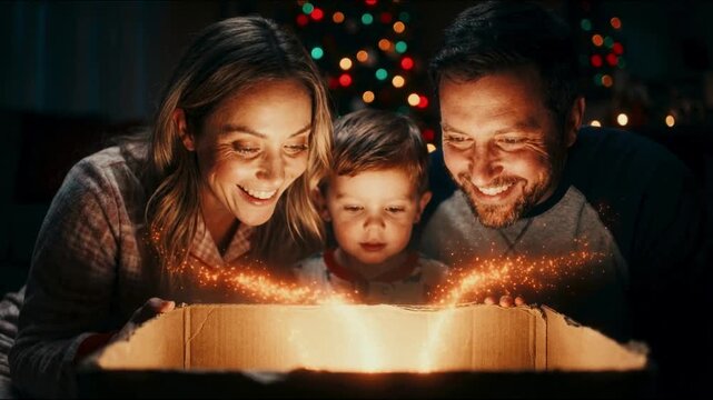 Happy family opening a magical Christmas gift box with glowing light and sparkles. Parents and son looking inside a present with amazement near a Christmas tree. Holiday surprise concept