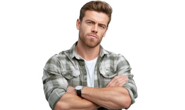 Thoughtful Expression: A man with a contemplative look on his face, arms crossed.