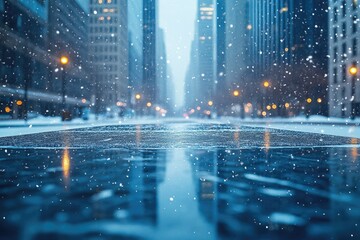 A snowy city street at night, illuminated by warm streetlights reflecting on wet, icy asphalt under falling flakes and towering buildings.