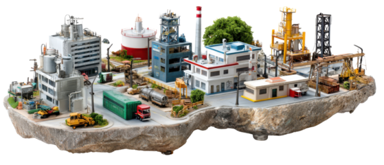 Miniature Industrial Landscape: A detailed miniature scene showcasing a dynamic industrial complex, featuring various structures and transport elements to represent the industry.