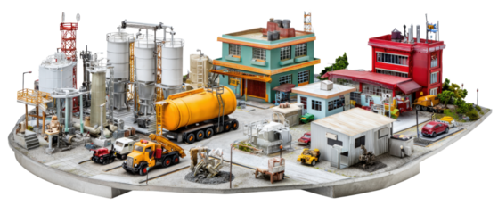 Miniature Industrial Oasis: A detailed and captivating model captures the essence of an industrial complex, showcasing various buildings, equipment, and vehicles in a miniature city.