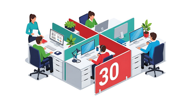 Isometric office space with employees working at desks isolated on white background modern workspace concept