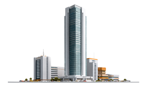 Modern Cityscape: A contemporary architectural marvel with a tall, sleek skyscraper, showcasing innovative design and urban sophistication.