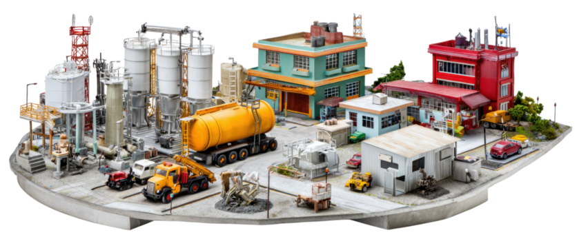 Miniature Industrial Oasis: A detailed and captivating model captures the essence of an industrial complex, showcasing various buildings, equipment, and vehicles in a miniature city.