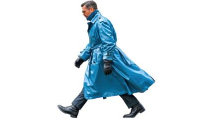 Stylish Stride: A man strides confidently, draped in a vibrant blue coat, a picture of modern elegance and urban flair.