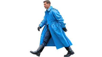 Modern Trend: A stylish man, clad in a sleek blue coat, takes a confident stride, embodying urban elegance and contemporary fashion. Capturing the essence of a modern trendsetter.