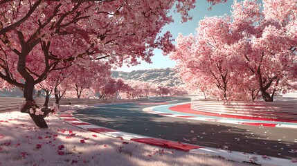 Obraz premium A race track winding through blooming pink cherry blossom trees on a sunny day.