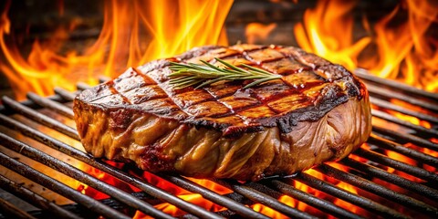 Rustic BBQ Steak: Perfectly Seared Steak on Hot Grill over Orange Flames