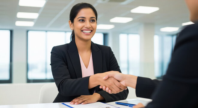 A smiling young Indian professional in a blazer sits across a desk in a bright modern office, confidently shaking hands to finalize a successful interview