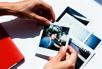 Hands holding an instant film photo of a smiling young man. Person looking at pictures and cherishing memories. Nostalgia concept on a white background