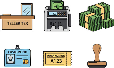 Financial Transactions & Banking Icons Teller, Money Counter, Customer ID, Token Number