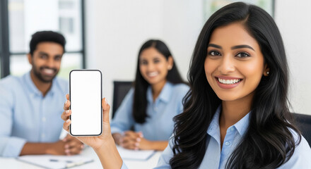 A cheerful young Indian professional holds up a smartphone with a blank white screen