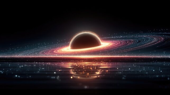 Neon black hole glowing with swirling electric gravity rings, stylized cosmic phenomenon in bright neon for astronomy and science visuals