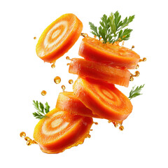 Sliced Carrot Splash: Capturing the vibrant freshness of a sliced carrot, this image showcases the vegetable in mid-air, surrounded by splashes of juice, with a playful touch of parsley.