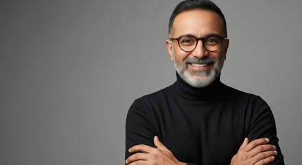 A confident middle-aged Indian man with beard and glasses smiles with arms crossed, posing in a black turtleneck against a plain grey studio background.