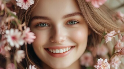 A happy young woman posing in front of a bouquet of flowers