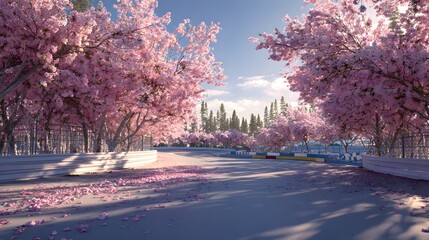 Obraz premium A race track winding through blooming pink cherry blossom trees on a sunny day.