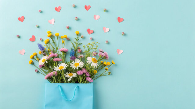 Colorful flowers in a blue bag with heart decorations on a blue background for a cheerful decoration idea