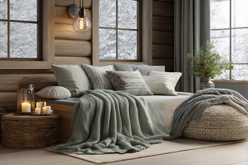 Cozy Scandinavian Christmas Cabin Interior with Natural Wood Texture, Rustic Holiday Decor, Warm Lighting, and Authentic Winter Ambiance