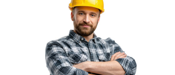Construction worker with a Yellow hardhat: A professional construction worker, clad in a plaid shirt and yellow hardhat, radiates confidence as he gazes directly.