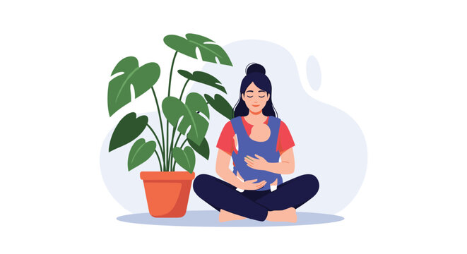 A peaceful mother practices mindfulness while holding her baby in a carrier, creating a serene and loving bond in a calm home environment. - Powered by Adobe