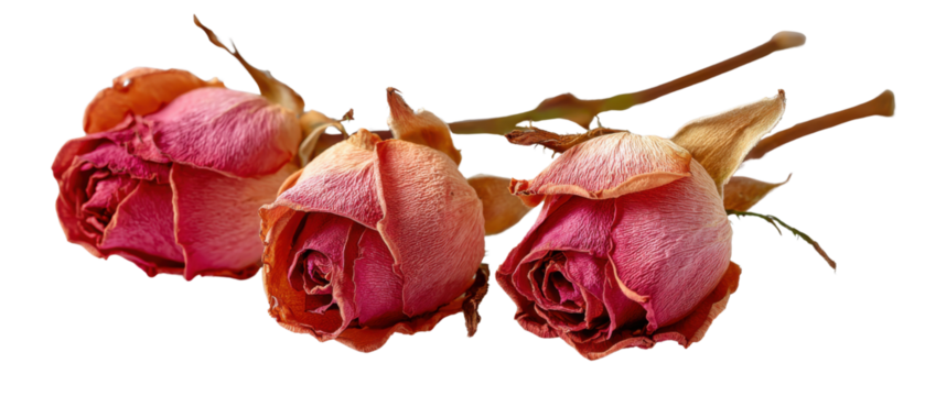 Trio of Dried Roses: Captured against a clean, uncluttered background, three withered roses stand as a poignant symbol of fleeting beauty and the passage of time.