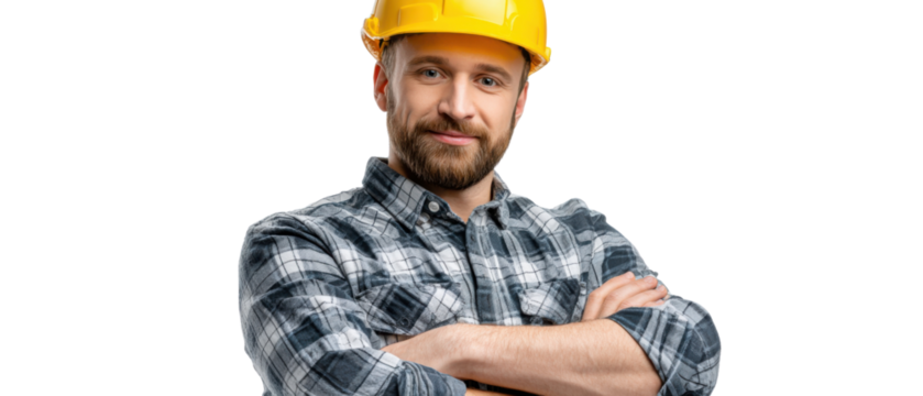 Construction worker with a Yellow hardhat: A professional construction worker, clad in a plaid shirt and yellow hardhat, radiates confidence as he gazes directly.