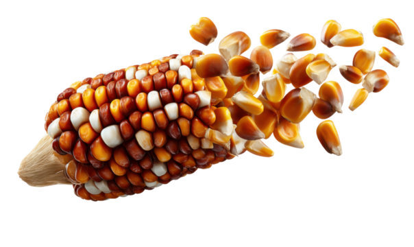 Corn's Golden Shower: An intricate portrayal of a vibrant corn cob shedding its individual kernels, showcasing the beauty of each grain in a dynamic display of harvest abundance.