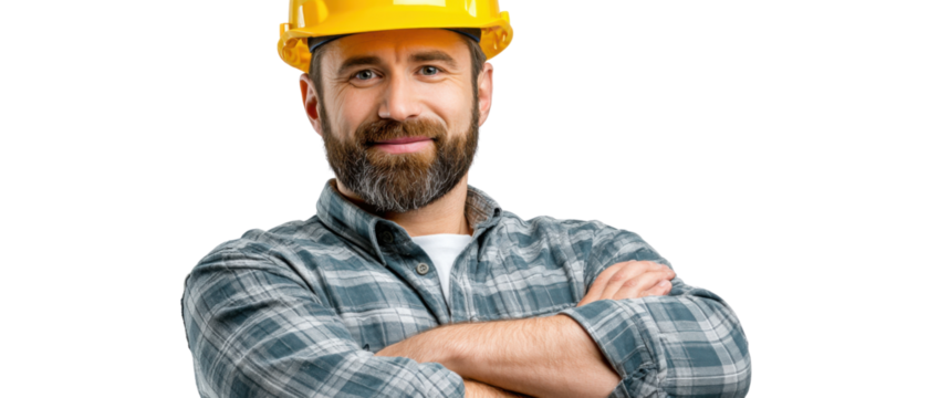 Confident Construction Worker: A skilled construction worker, adorned in a yellow hard hat, exudes confidence and expertise, presenting a portrait of hard work and dedication.