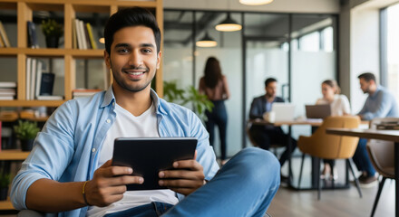 Smiling young Indian professional relaxing with a tablet in a modern coworking space, with a collaborative team working together at a table in the background.