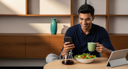 A happy young Indian man enjoys a healthy meal with coffee while browsing his smartphone at a modern home table