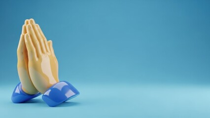 Realistic 3D render of emoji praying hands. Icon for communication app, social media, or spiritual concept on a blue background.