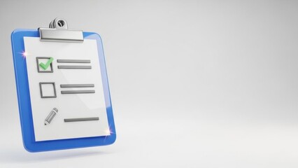 Clipboard with blue border, green checkmark and pencil icon. Task management and checklist concept for productivity. Digital illustration for business organizing.