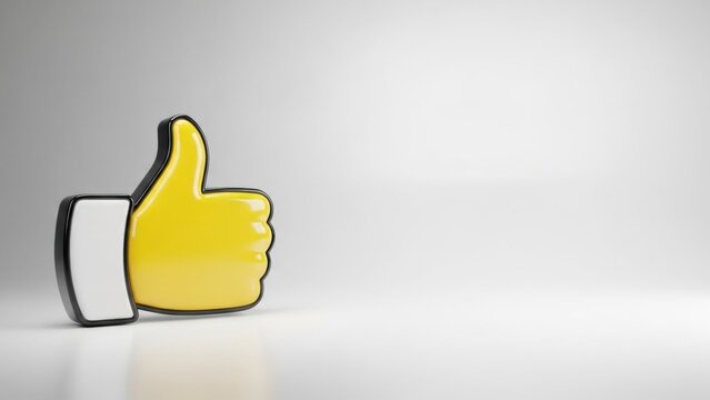Yellow 3d thumbs up emoji on white background, symbol of like and approval. Social media feedback icon, positive emotion for digital communication.